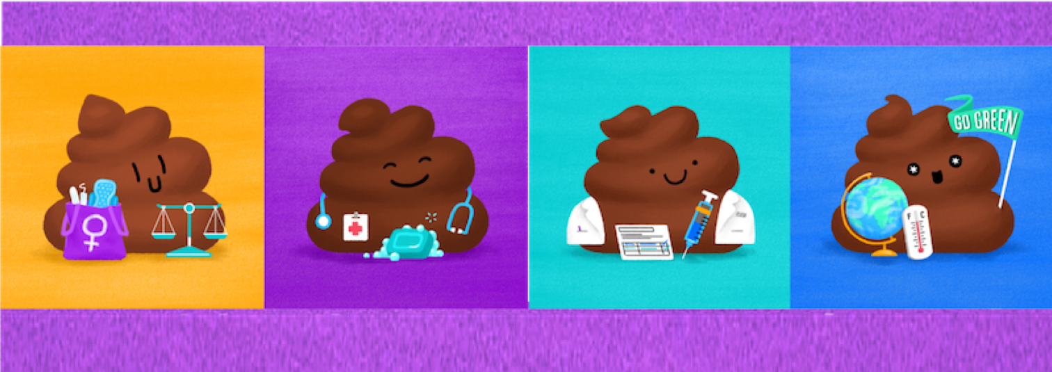 Four cartoon poop emojis are each featured in colorful backgrounds representing different professions: a lawyer with a briefcase and scales of justice, a doctor with a medical kit and stethoscope, a scientist with a syringe and report, and an environmentalist with a globe and "Go Green!" flag.