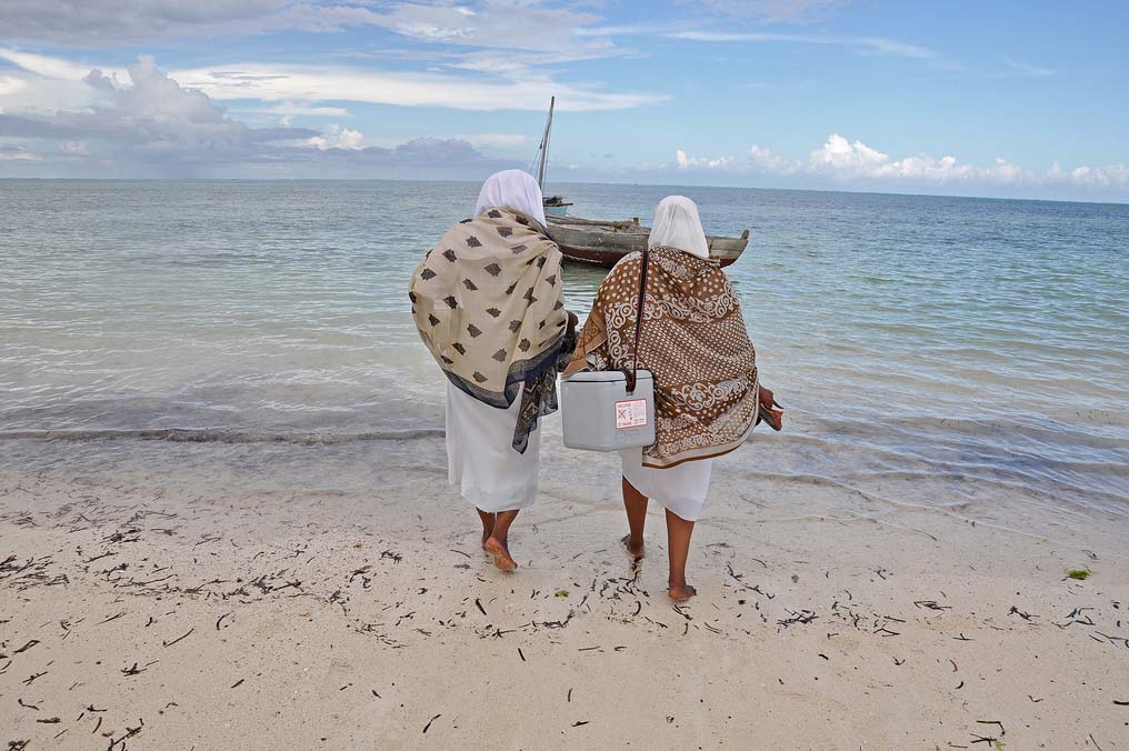 Two people in white garments and patterned shawls walk barefoot on a sandy beach toward a small boat on the water. The sky is partially cloudy, and the ocean is calm. One carries a box with a red and white label.