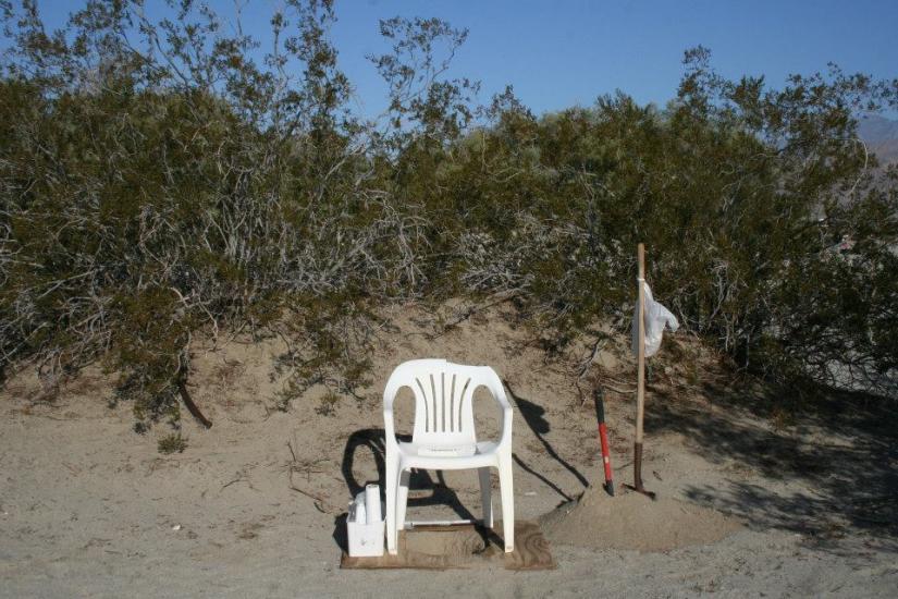 A white plastic chair sits in the sand in a desert landscape, surrounded by scrubby bushes. Nearby, a shovel is stuck in the ground and a pole with a white flag is planted. The sky is clear.