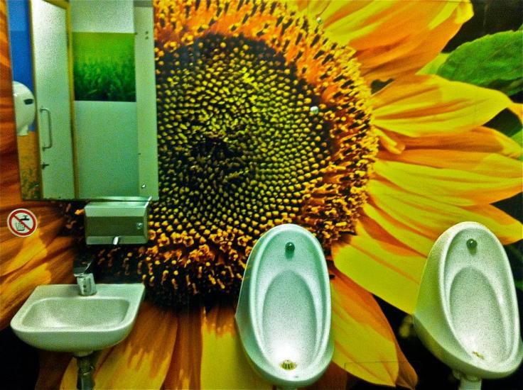 A public restroom featuring a large, vibrant sunflower mural covering the wall. The restroom includes a small sink with a soap dispenser and hand dryer, as well as two urinals. A "no smoking" sign is visible near the sink.