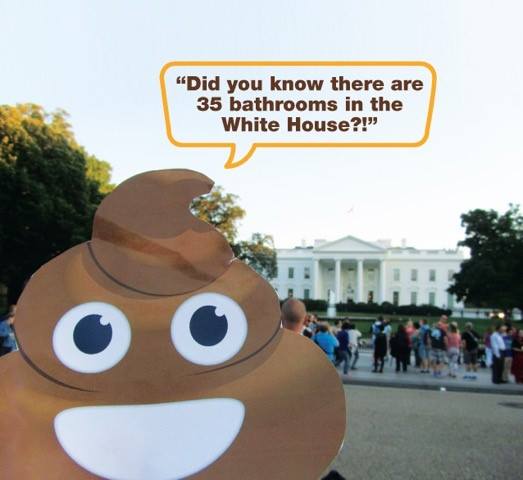 A smiling poop emoji cutout holds a speech bubble that says, "Did you know there are 35 bathrooms in the White House?!" The White House can be seen in the background with a crowd of people gathered in front.