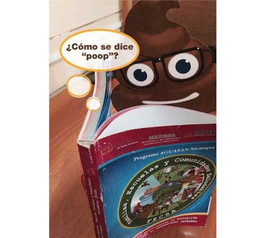 A cartoon poop emoji with glasses is reading a Spanish book titled "Programa AGUASAN Nicaragua." A speech bubble above the emoji says, "¿Cómo se dice 'poop'?" in Spanish.