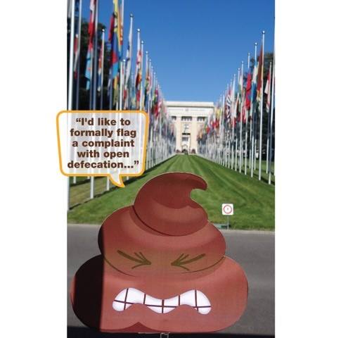 A cartoon depiction of a grumpy-looking poop emoji in front of numerous international flags. The emoji has a speech bubble that reads, "I'd like to formally flag a complaint with open defecation…" The setting appears to be an important governmental or international building.