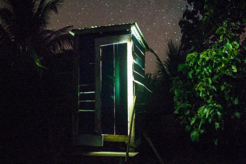 An old, weathered outhouse stands in the dark, illuminated by a faint light. The sky is filled with stars, and dense foliage surrounds the structure. The door is partially opened, casting a narrow beam of light. A serene and rustic night scene.