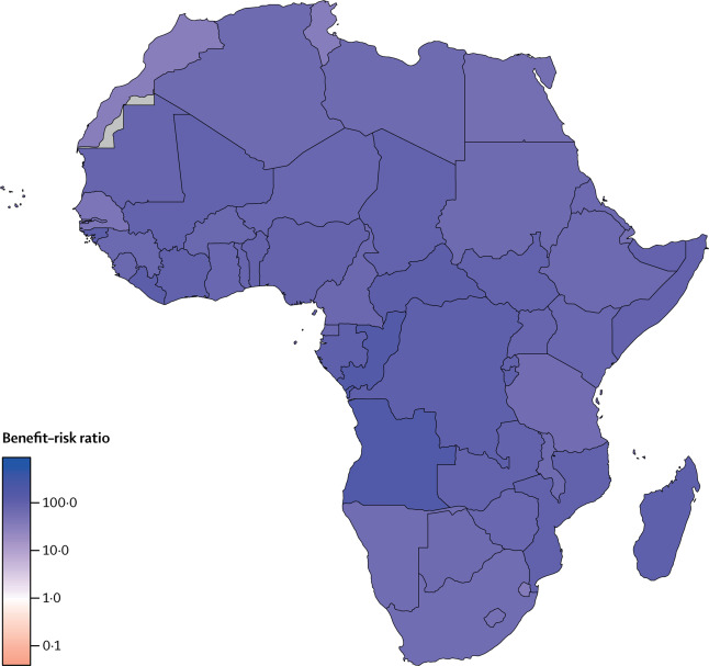 Map of Africa showing the Benefit-risk ratio of a certain factor or condition in different countries. Shades of blue indicate varying Benefit-risk ratios, with darker shades representing higher values and lighter shades representing lower values. A legend is present on the left side.