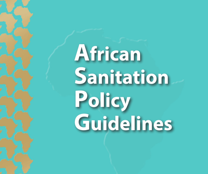 Text reads "African Sanitation Policy Guidelines" in white font on a teal background. The outline of Africa is faintly visible behind the text, and a pattern of gold Africa-shaped icons is on the left.