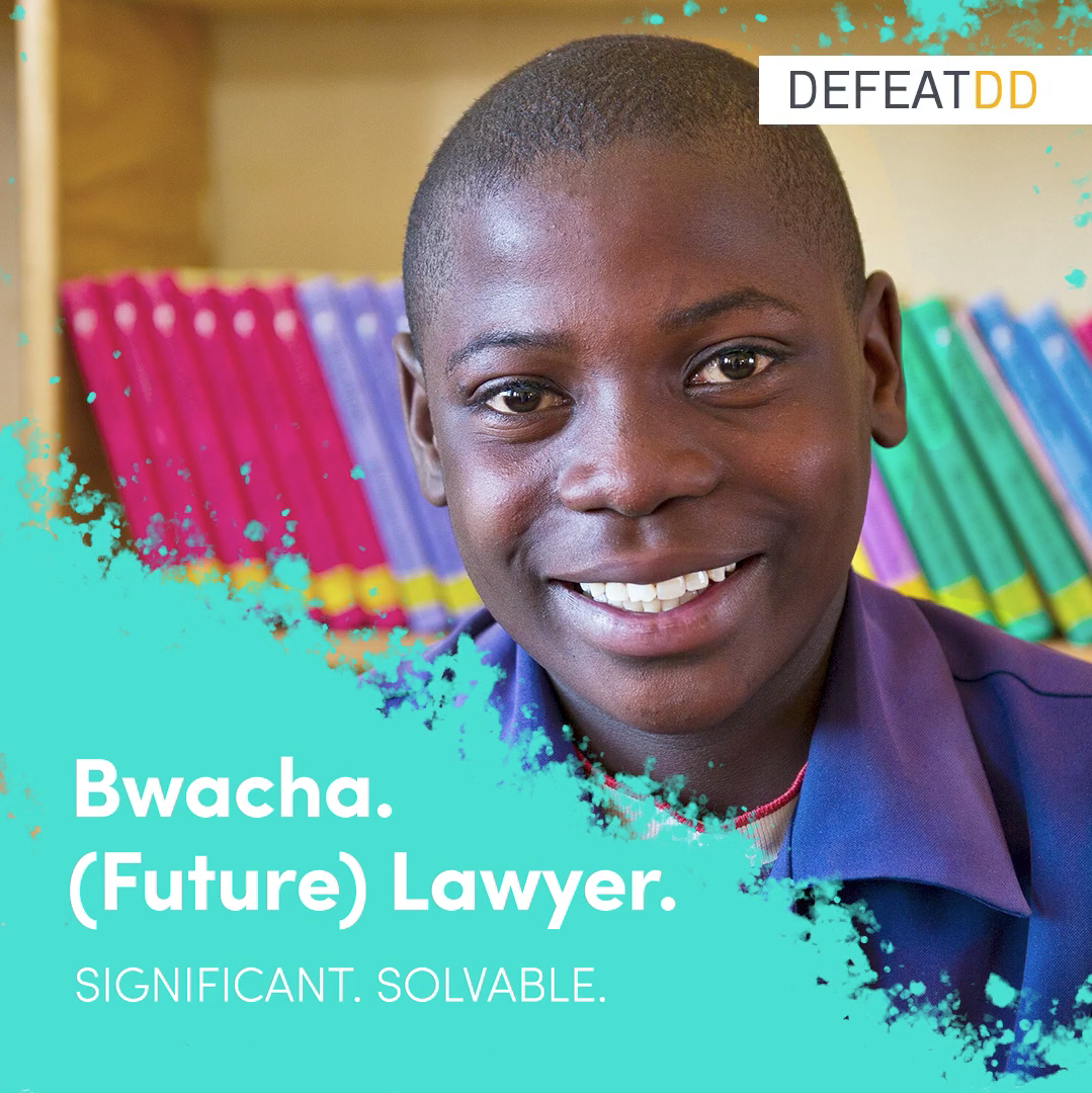 A young individual, Bwacha, smiles confidently with shelves of colorful books in the background. The text on the image highlights Bwacha’s aspiration to become a future lawyer, accompanied by the words “DefeatDD,” “Significant. Solvable.” written on the image.