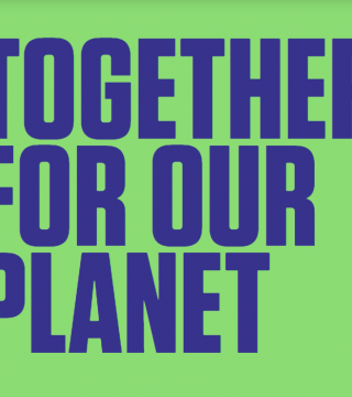 Blue text on a bright green background reads, "Together For Our Planet." The text is bold and centered, promoting unity and environmental awareness.