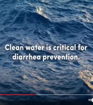 A video screenshot shows a message overlaying an image of ocean waves. The text reads, "Clean water is critical for diarrhea prevention." At the bottom of the screenshot, there's a partial progress bar indicating video playback.