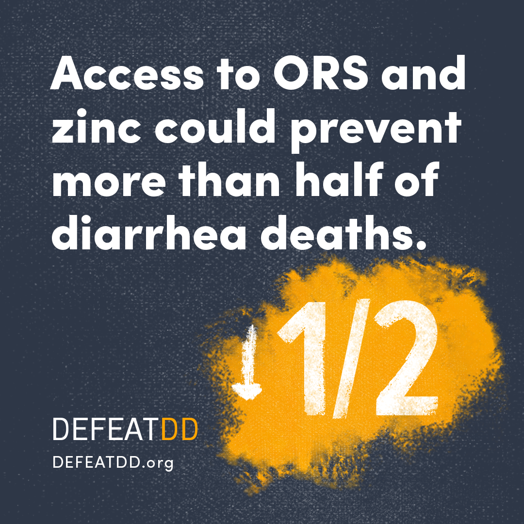 Text graphic with a message: "Access to ORS and zinc could prevent more than half of diarrhea deaths." Featuring a large downward arrow and "1/2" in orange chalk style. Website: DEFEATDD.org. Background is dark with textured details.