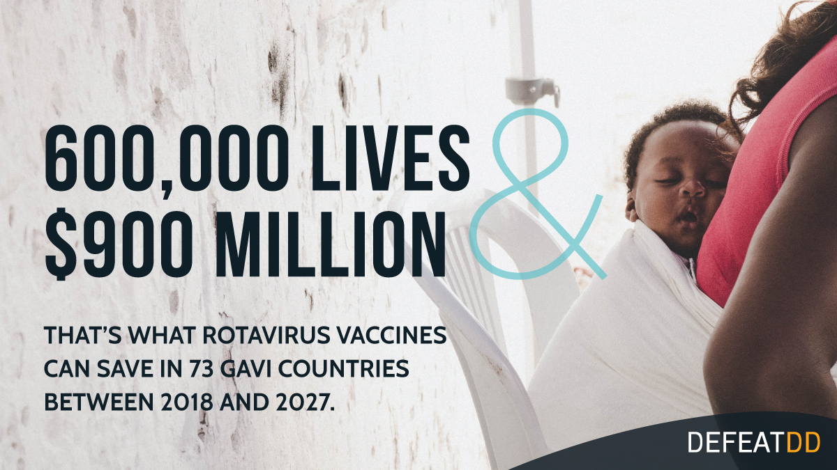 A mother holding her child next to text highlighting the benefits of rotavirus vaccines: saving 600,000 lives and $900 million in 73 Gavi countries between 2018 and 2027. Text ends with "DefeatDD" in the lower right corner.