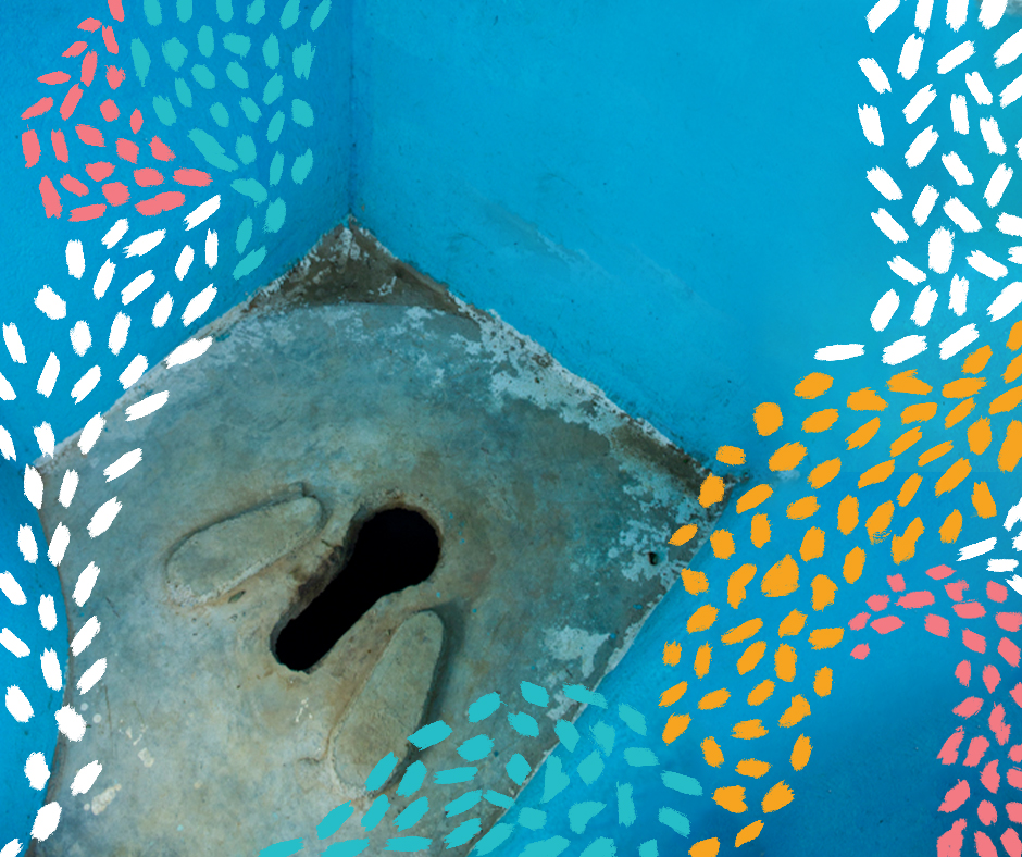 A close-up of a traditional squat toilet. The floor and walls are painted blue, and colorful patterns of white, red, yellow, and blue brushstrokes decorate the photo's edges, adding a vibrant touch to the otherwise simple scene.