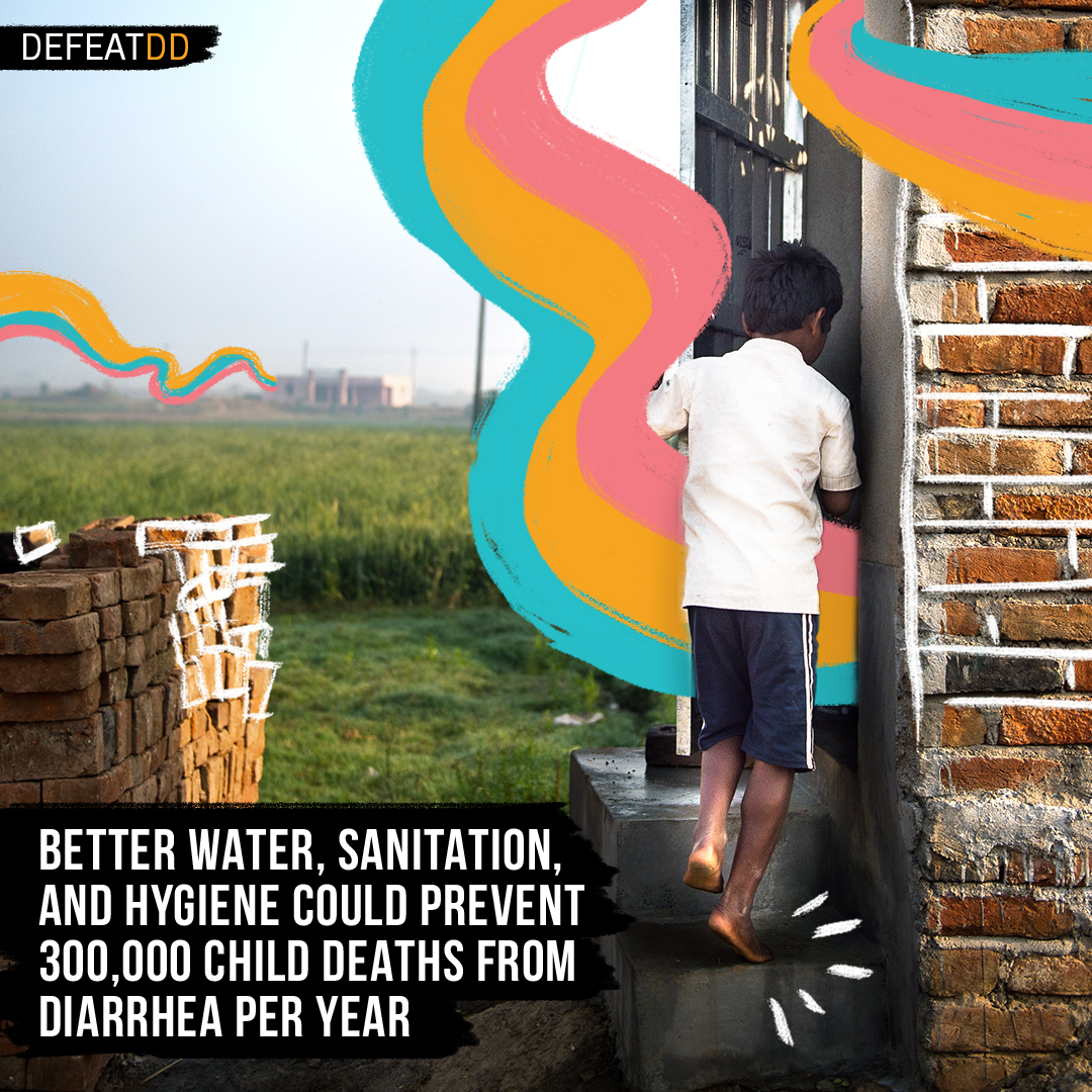 A barefoot child in shorts, standing by a brick structure, looks outside onto a grassy field. Colorful abstract lines overlay the image. Text: "Better water, sanitation, and hygiene could prevent 300,000 child deaths from diarrhea per year." DEFEATDD logo is at the top.