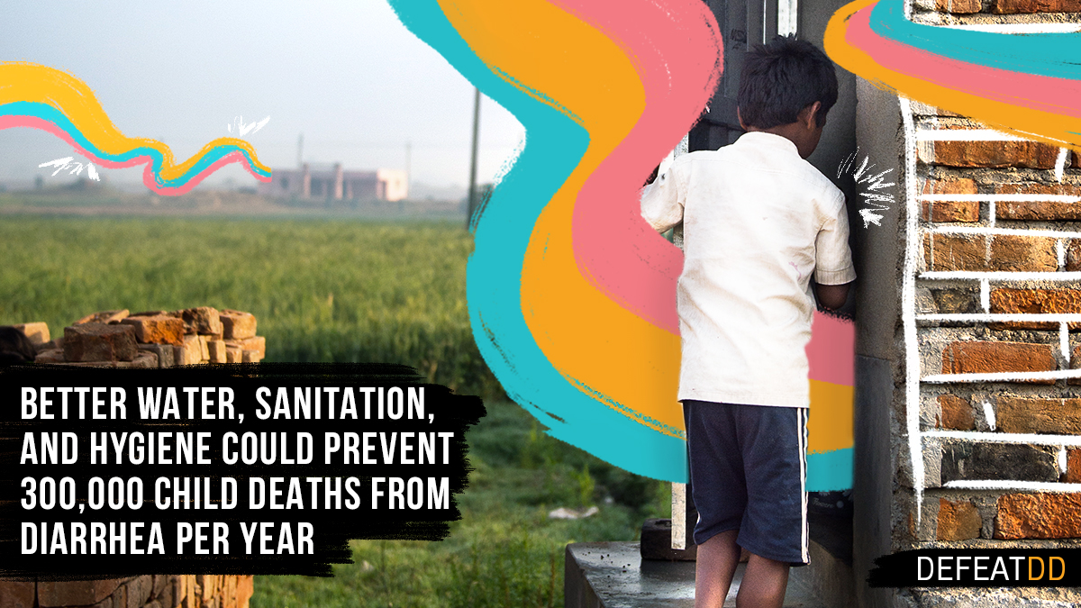 A young boy stands at the doorway of a brick building, partially hiding. The background shows an open field with a blurred house. Text on the image states "Better water, sanitation, and hygiene could prevent 300,000 child deaths from diarrhea per year." The image is marked with the logo "DEFEATDD." Colorful, abstract shapes frame the image.