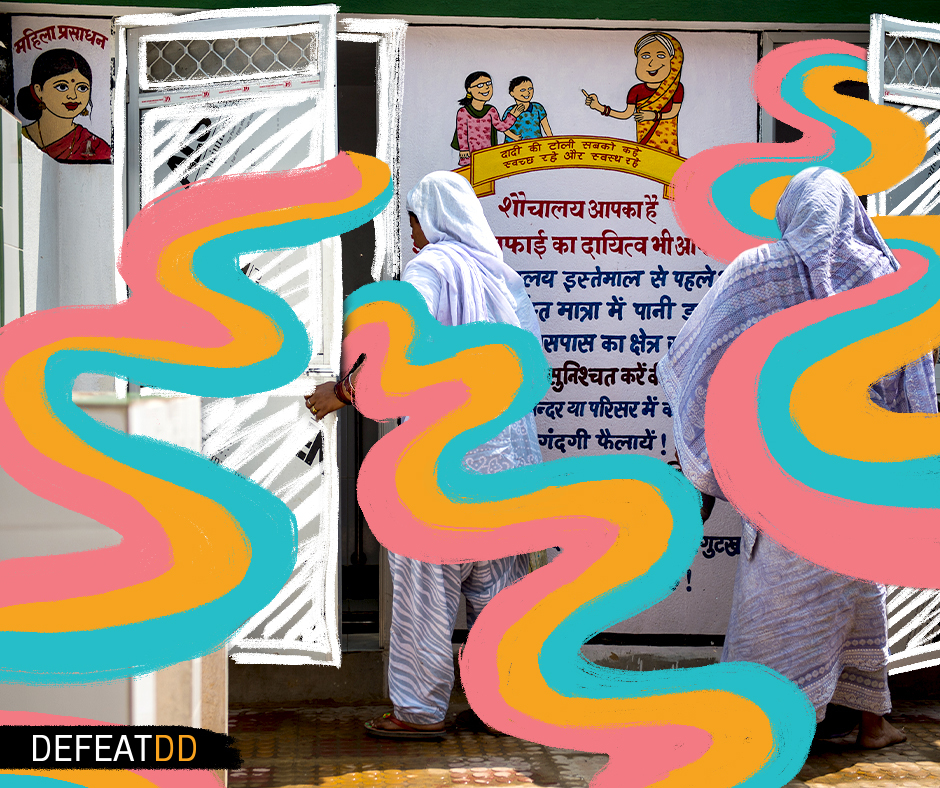 Several women dressed in white and blue sarees enter through a white door. Colorful graphic swirls overlay the scene. The wall has a painted poster with text in Hindi and an illustration of a woman and child. "DEFEATDD" is written in the bottom left corner.