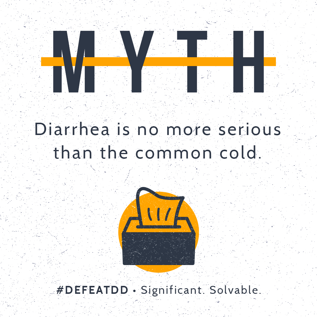 Text graphic with "MYTH" crossed out in yellow. Below, it reads, "Diarrhea is no more serious than the common cold." An illustration of a tissue box is underneath. The bottom text says "#DEFEATDD - Significant. Solvable.