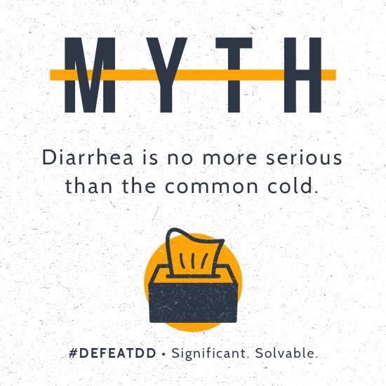 Text in Image: “MYTH. Diarrhea is no more serious than the common cold. #DEFEATDD - Significant. Solvable.” Below the text is an icon of a tissue box.