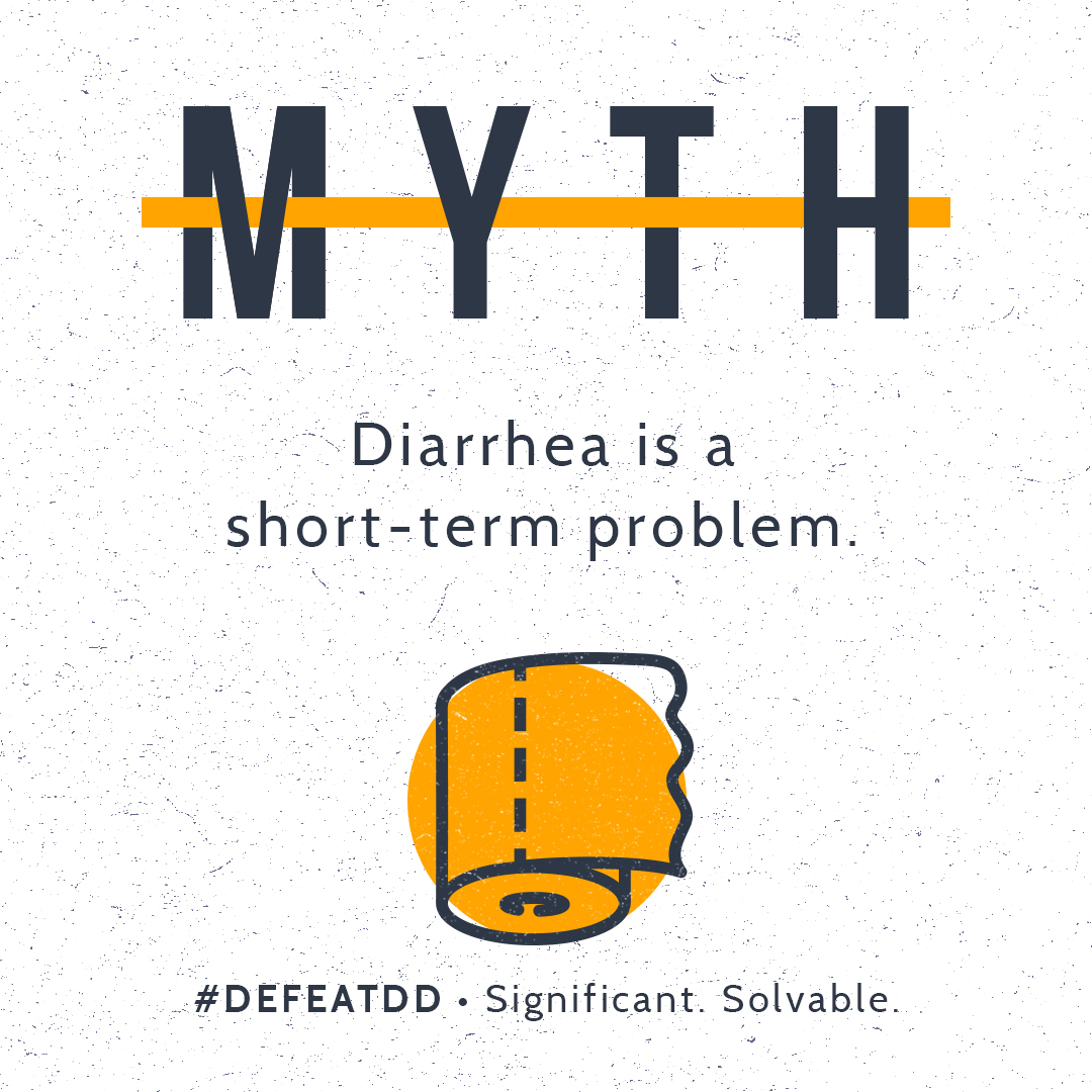 Text graphic stating "MYTH" with "Diarrhea is a short-term problem" written below. An orange roll of toilet paper illustration is included. Bottom text reads "#DEFEATDD - Significant. Solvable.