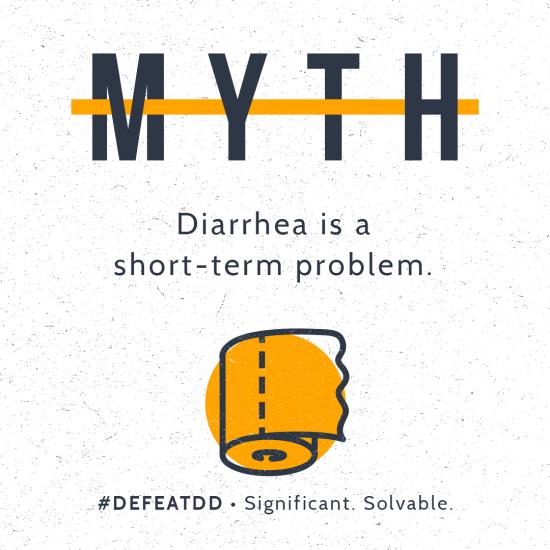 Text on image with "MYTH" crossed out, stating, "Diarrhea is a short-term problem." Below is an icon of a roll of toilet paper and the text "#DEFEATDD - Significant. Solvable." against a white background.