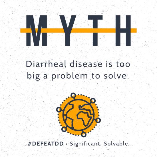 Text reads “MYTH” with "Diarrheal disease is too big a problem to solve." Below, an illustration of an orange globe with gears. At the bottom, hashtag "#DEFEATTDD" followed by "Significant. Solvable." promoting the solvability of diarrheal disease.