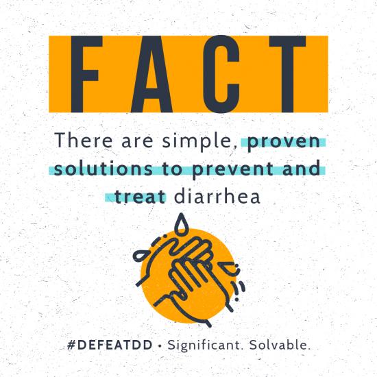 Bold text "FACT" at the top, followed by "There are simple, proven solutions to prevent and treat diarrhea" with emphasis on "proven" and "treat." Illustration of hands washing. Hashtags and text at the bottom: "#DEFEATDD - Significant. Solvable.