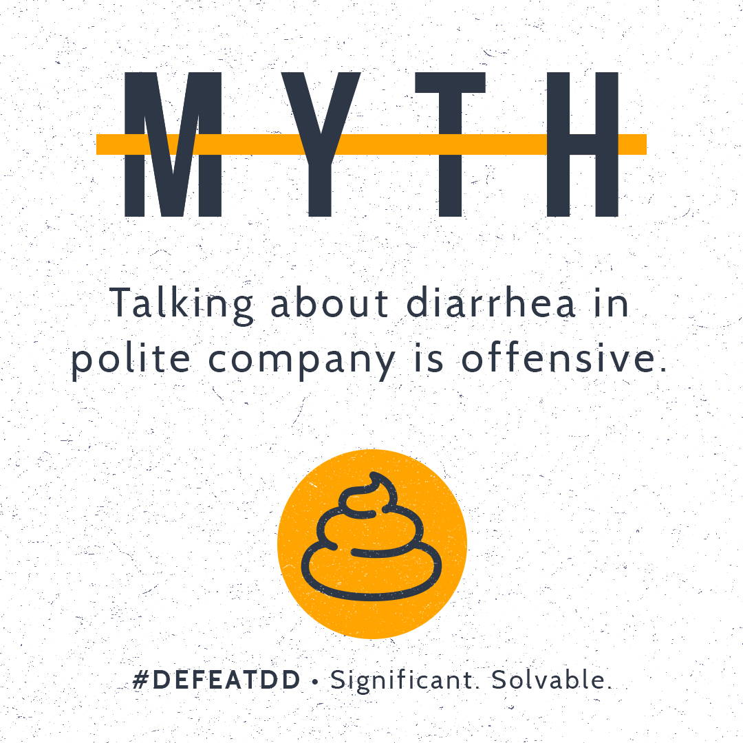 Image with the word "MYTH" crossed out, stating: "Talking about diarrhea in polite company is offensive." Below is an icon of a poop emoji in an orange circle. At the bottom: "#DEFEATDD - Significant. Solvable." The background is white with a subtle texture.