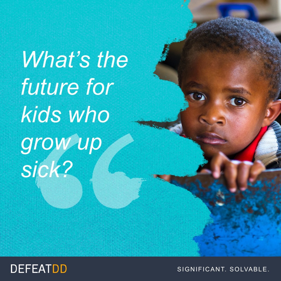 A young child with a serious expression looks directly at the camera. Text on the image reads, "What’s the future for kids who grow up sick?" The bottom part displays the message "DEFEATDD. SIGNIFICANT. SOLVABLE." against a teal and dark blue background.