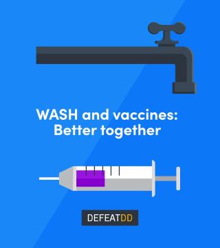 Graphic with a blue background depicting a black faucet and a syringe below it. The text in the middle reads "WASH and vaccines: Better together." The logo at the bottom says "DEFEATDD.