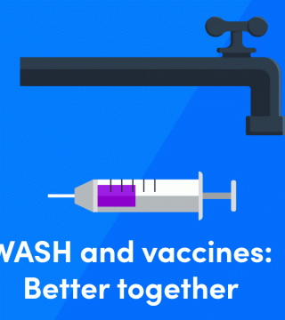 Illustration featuring a black water faucet and a syringe on a blue background. The text below reads "WASH and vaccines: Better together." The image signifies the importance of both hygiene and vaccinations for health.