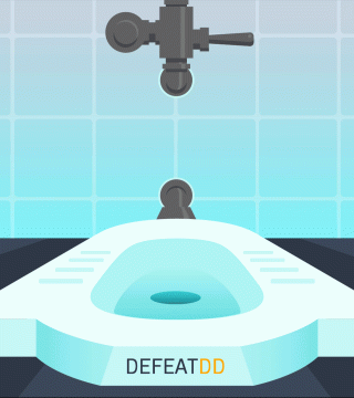 Illustration of a tap and sink with a flushing mechanism, featuring the text "DEFEATDD." The background shows a tiled wall in light blue shades.