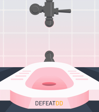 Animation of a drop of water falling from a tap into a soap-shaped basin, creating ripples. The text "DEFEAT DD" is displayed at the bottom center of the basin. The background features a tiled wall with gradient pink and white hues.