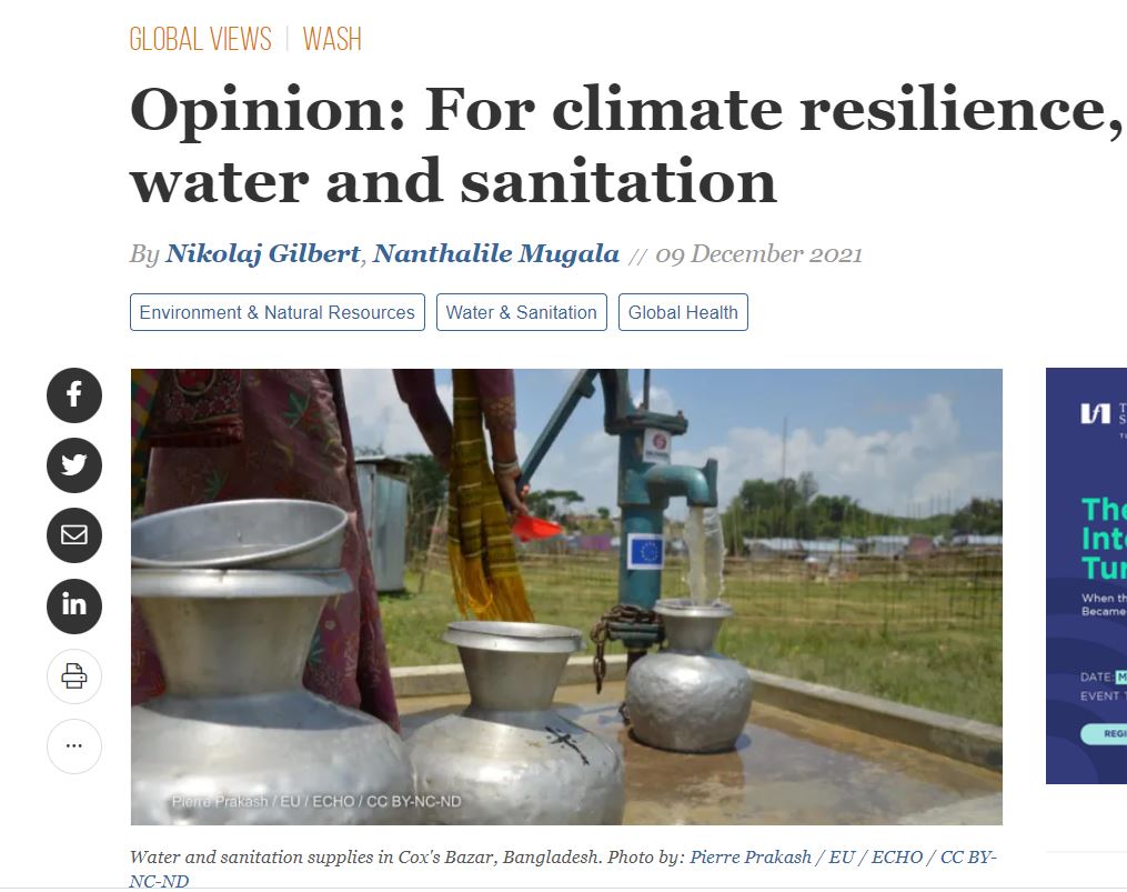 An article titled "Opinion: For climate resilience, water and sanitation" by Nikolaj Gilbert and Nanthalile Mugala, published on December 9, 2021. The header image shows a hand pump surrounded by metal containers filled with water.