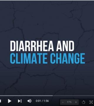 A video thumbnail with the text "Diarrhea and Climate Change" on a dark, cracked background. The video controls are visible at the bottom.