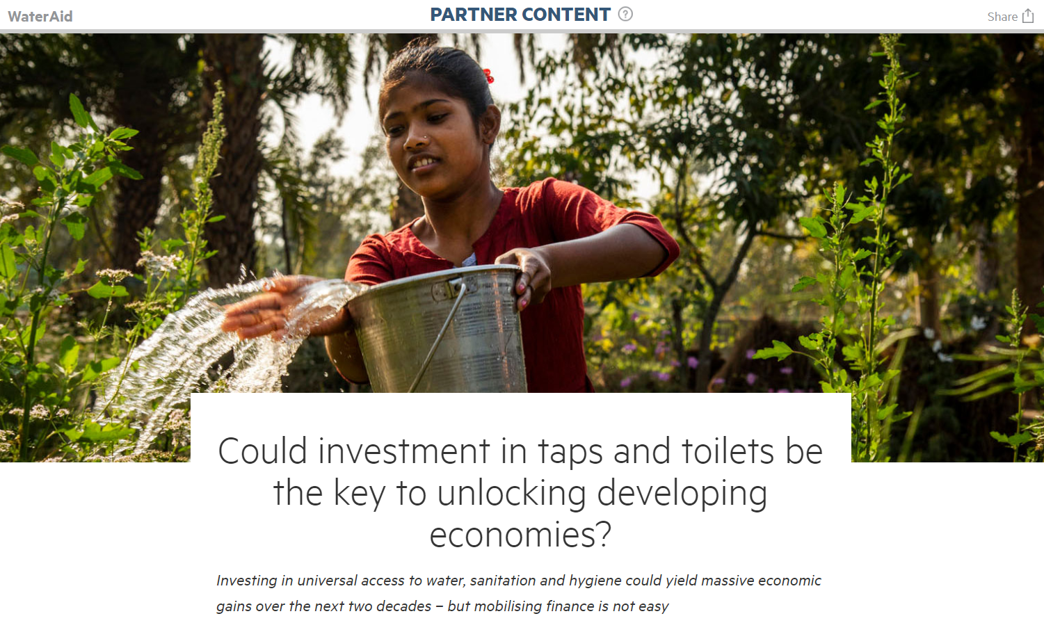 A young girl in a garden pours water from a metal bucket. The text below discusses the potential economic benefits of investing in water, sanitation, and hygiene.