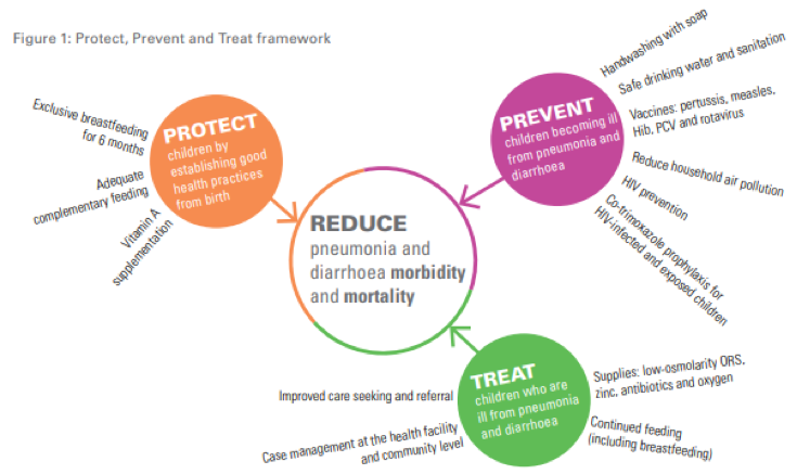 Infographic titled "Protect, Prevent and Treat framework." It shows three circles: Protect, Prevent, and Treat, surrounding a central circle labeled "Reduce pneumonia and diarrhea morbidity and mortality." Each circle lists related actions.