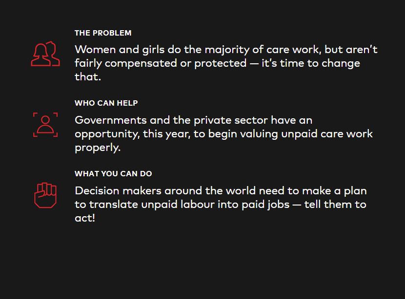 An infographic discussing unpaid care work. "The Problem" section states that women and girls do most care work without fair compensation or protection. "Who Can Help" suggests governments and the private sector begin valuing this work. "What You Can Do" urges people to tell decision makers to make a plan to convert unpaid labor into paid jobs. Icons of a person, a group, and a raised fist accompany each section.