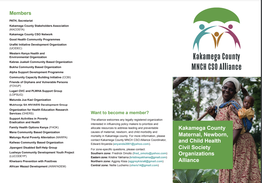 A flyer for the Kakamega County Maternal, Newborn, and Child Health Civil Society Organizations Alliance. It includes a list of member organizations, a photo of a smiling woman carrying a baby, and contact information for membership inquiries organized by regions.