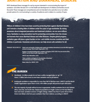 An informational poster on sanitation and diarrheal disease. It highlights the importance of sanitation in preventing illnesses, with statistics on children's lives saved and the burden of lack of access to proper sanitation globally.