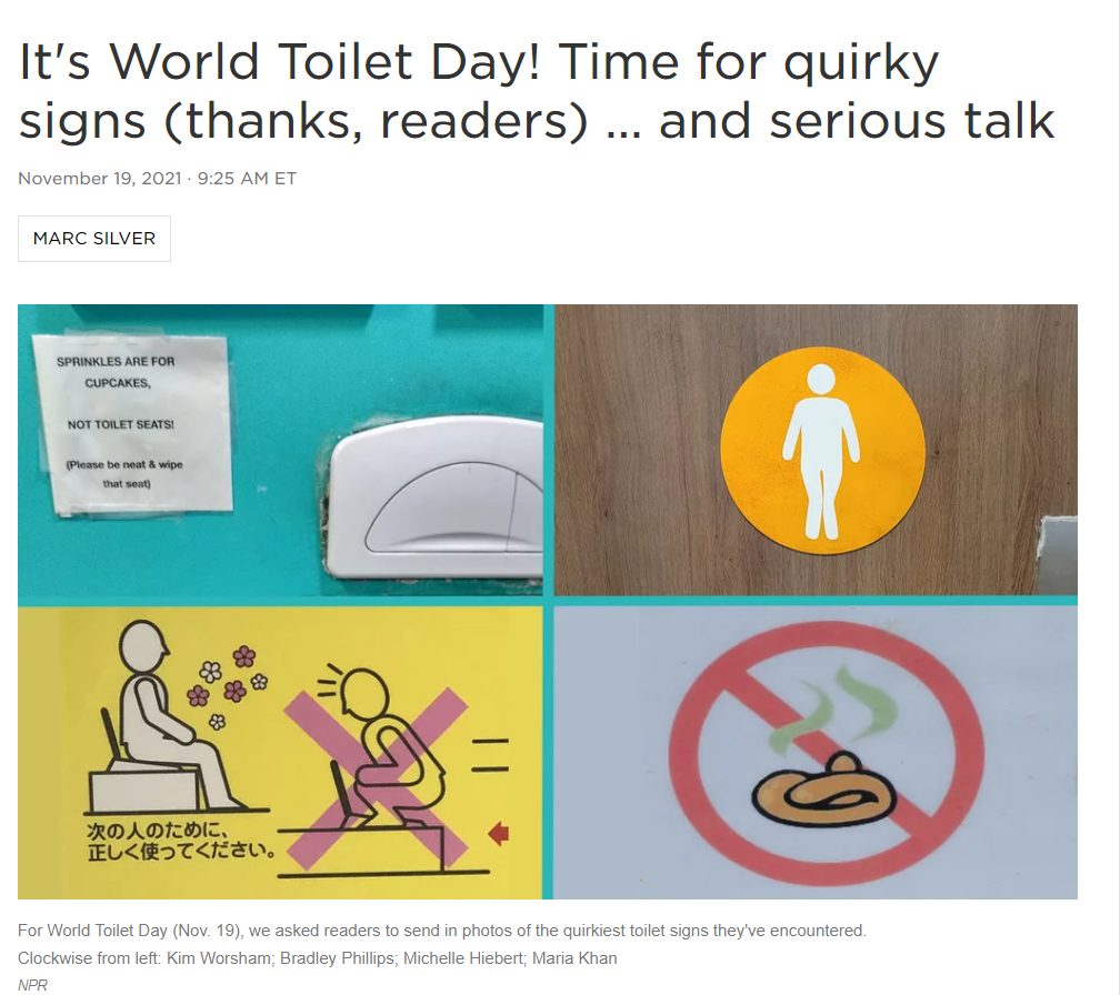 A collage of quirky toilet signs: a notice about cupcakes and sprinkles, a yellow sign with a person sitting and standing, an illustration instructing proper sitting posture, and a sign prohibiting squatting on the toilet seat.