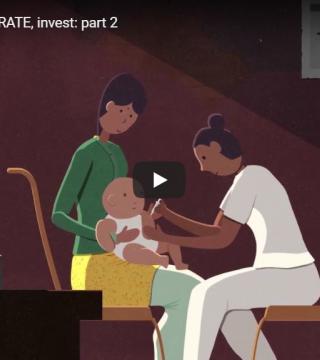 Illustration of two women and a baby. One woman holds the baby while the other, wearing a white outfit, appears to be administering medical care. The background is dark with soft lighting focusing on the figures.