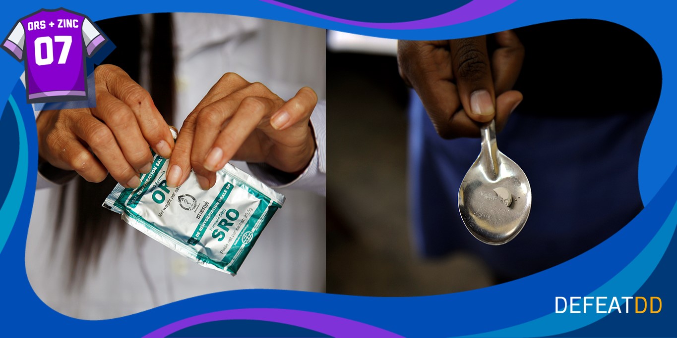 A person opens an Oral Rehydration Salts (ORS) packet on the left, while another person holds a spoon with liquid on the right. The design features the text "ORS + Zinc" with a jersey numbered 07 and the word "DefeatDD.