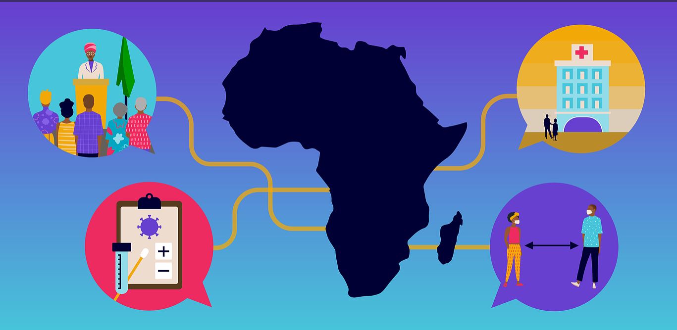 A graphic featuring a dark silhouette of Africa at the center. Surrounding it are three circular illustrations connected by lines: a vaccination clipboard, a doctor beside a hospital, and two people practicing social distancing. The background is a gradient of blue and purple.