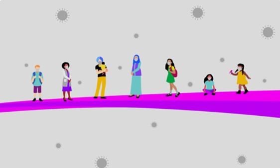 Illustration of diverse children standing on a curved purple line against a gray background. The children, wearing different outfits and face masks, are spaced apart. Floating virus-like icons are scattered in the background, representing a health or pandemic theme.