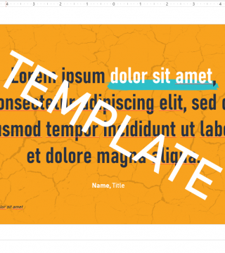 An orange cracked background image with placeholder text in black and a blue highlight: "Lorem ipsum dolor sit amet, consectetur adipiscing elit, sed do eiusmod tempor incididunt ut labore et dolore magna aliqua." The words "TEMPLATE" and "Name, Title" appear prominently.