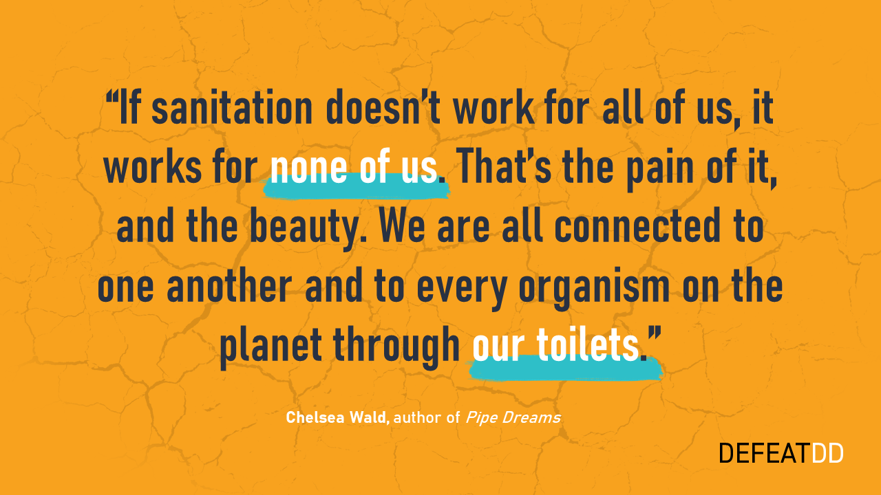 Text on a cracked orange background reads, “If sanitation doesn’t work for all of us, it works for none of us. That’s the pain of it, and the beauty. We are all connected to one another and to every organism on the planet through our toilets.” - Chelsea Wald.