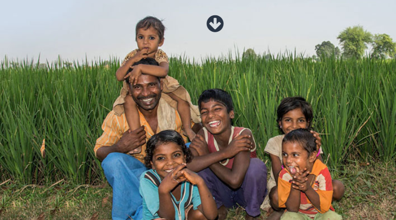 A smiling man sits in a lush green field with six children around him. One child is sitting on his shoulders, while the others crouch and sit at various positions, all joyfully smiling. The sky is clear, and the trees are visible in the background.