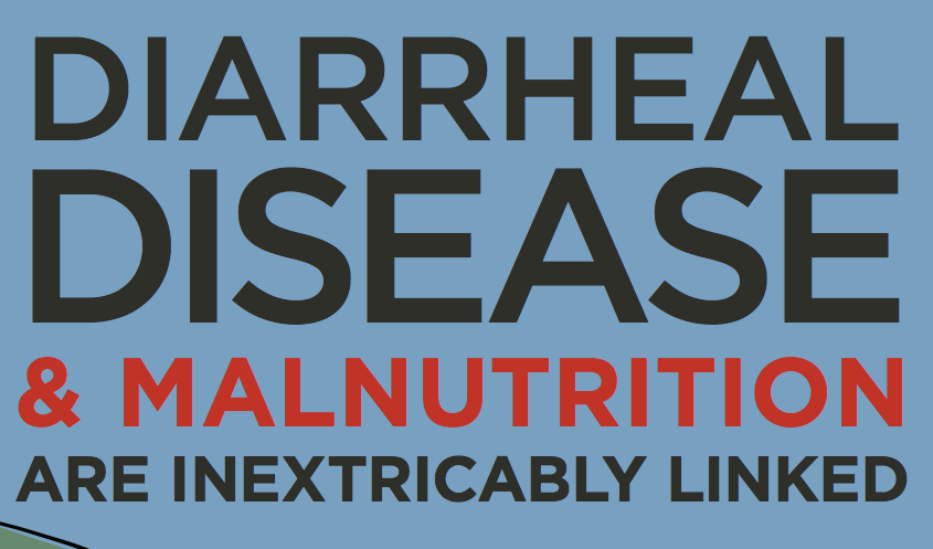 An image with the text "DIARRHEAL DISEASE & MALNUTRITION ARE INEXTRICABLY LINKED" in large, bold letters. The words "DISEASE" and "MALNUTRITION" are emphasized in red. The background is light blue.