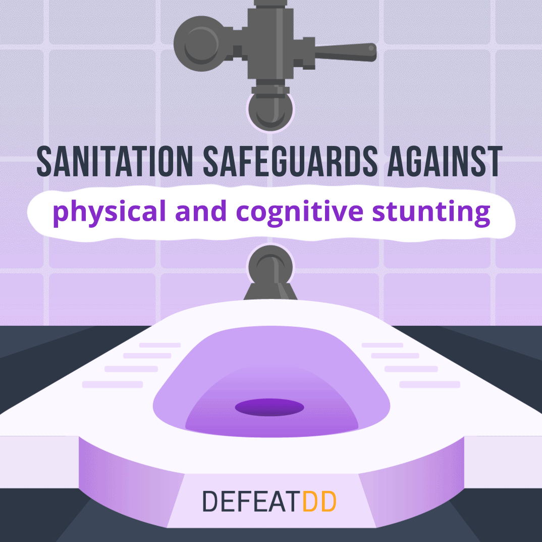 Illustration of a sink with a faucet against a tiled wall. Text reads: "Sanitation safeguards against physical and cognitive stunting." The platform is labeled "DEFEATDD." The color scheme is predominantly purple and white.