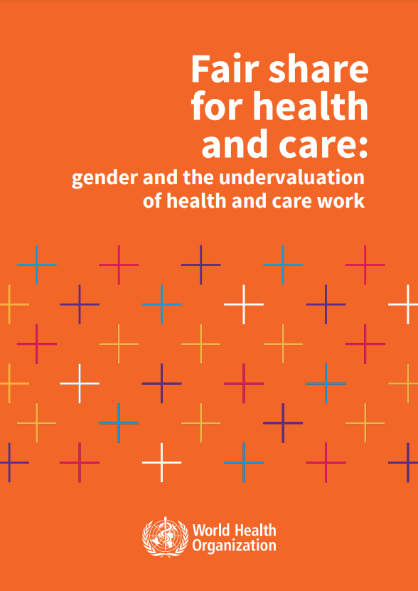 An orange poster titled "Fair share for health and care: gender and the undervaluation of health and care work" from the World Health Organization, featuring a pattern of colorful crosses.