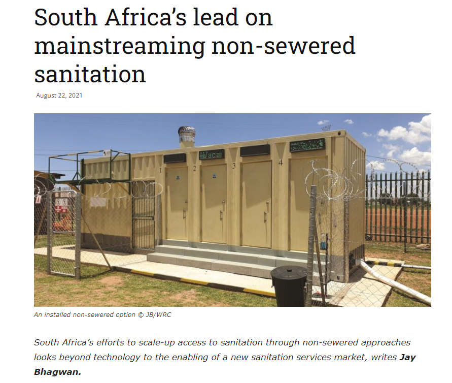 A screenshot of an article titled "South Africa's lead on mainstreaming non-sewered sanitation," dated August 22, 2021. Below the title is an image of an installed non-sewered toilet system with three units under a sunny sky.